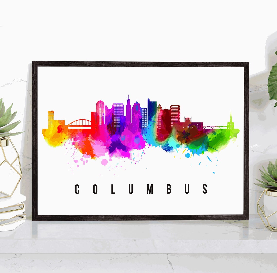 Columbus Ohio Rainbow Watercolor City Skyline Silhouette Travel Poster