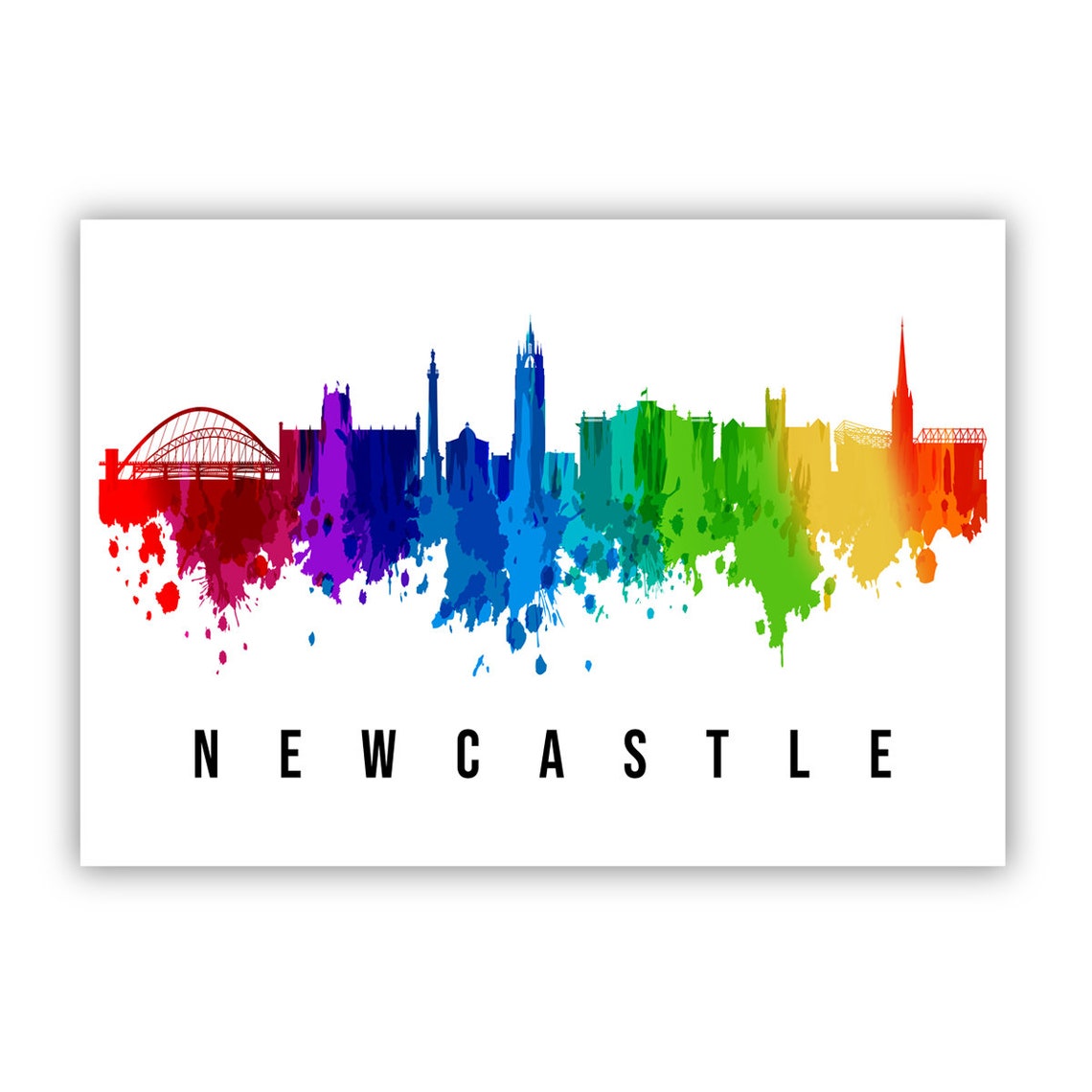 Newcastle England Watercolor Rainbow Tyne Bridge Skyline Travel Poster - Image 2