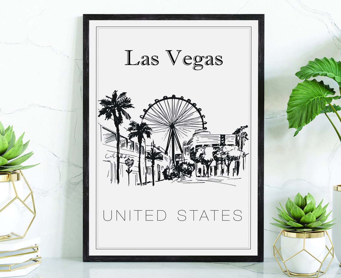 Hand Drawn Poster Las Vegas Travel Poster United States Poster Wall Art Las Vegas Cityscape And Landmark Map City Map Poster For Home