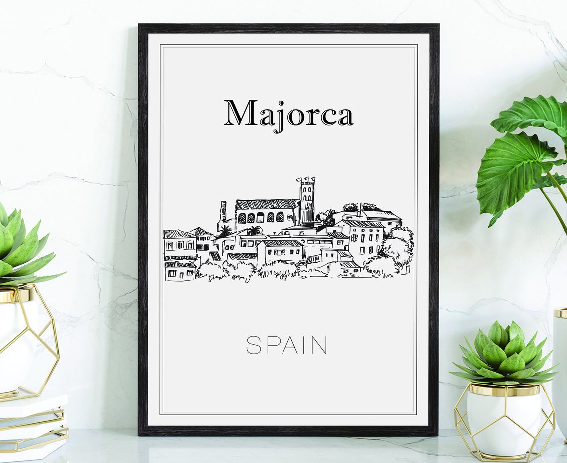Majorca Spain Hand Drawn Line Art Old Town Cityscape Sketch Poster