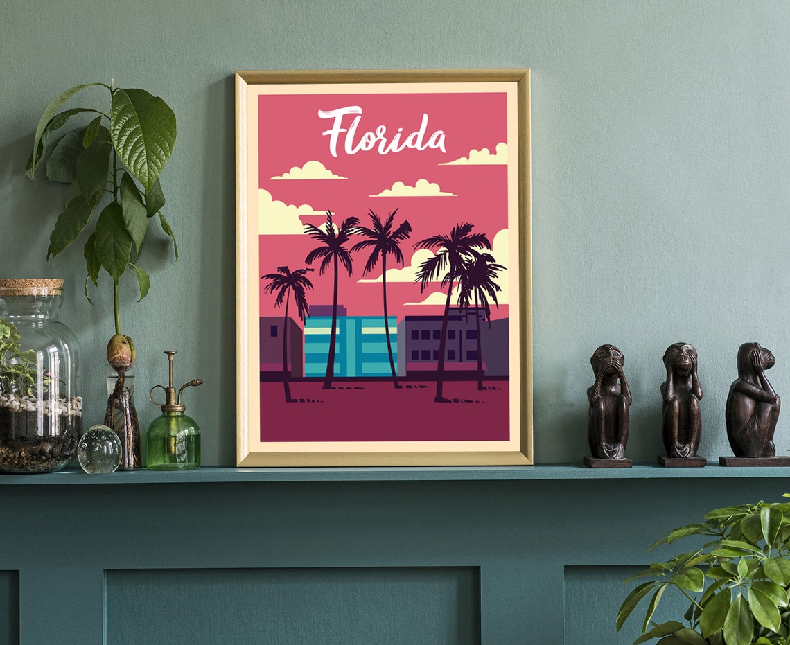 Florida Retro Pink Sky Palm Trees Beachfront Vintage Travel Poster - Image 3
