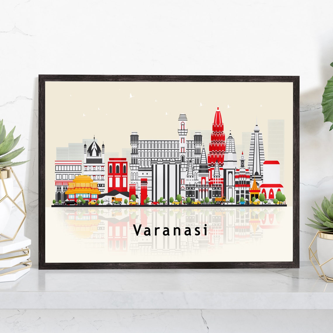 Varanasi India Ganges River Boats Temple Spires Illustration Poster
