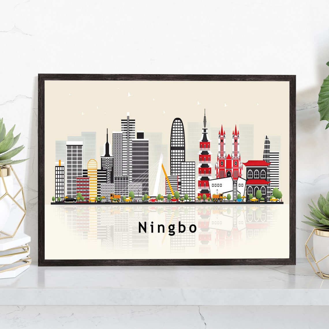 Ningbo China Modern Skyline Landmark Illustration Travel Poster