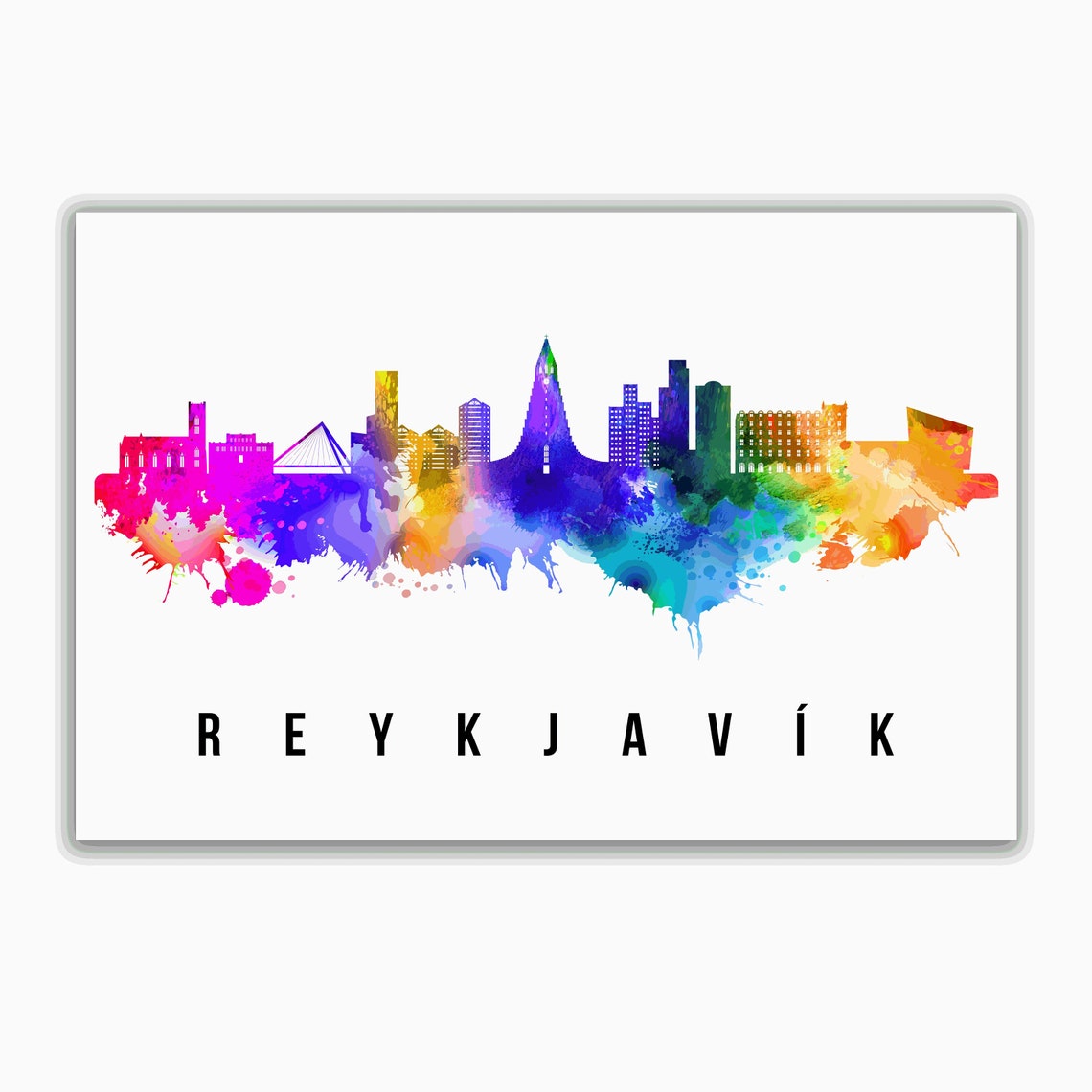 Reykjavik Iceland Rainbow Watercolor City Skyline Silhouette Poster - Image 2