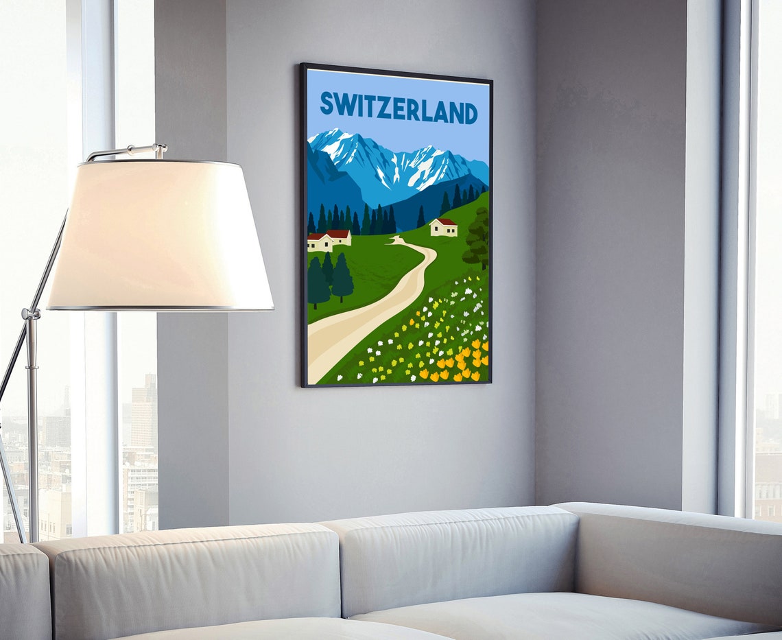 Switzerland Alpine Meadow Chalet Snowy Peaks Retro Travel Poster - Image 4