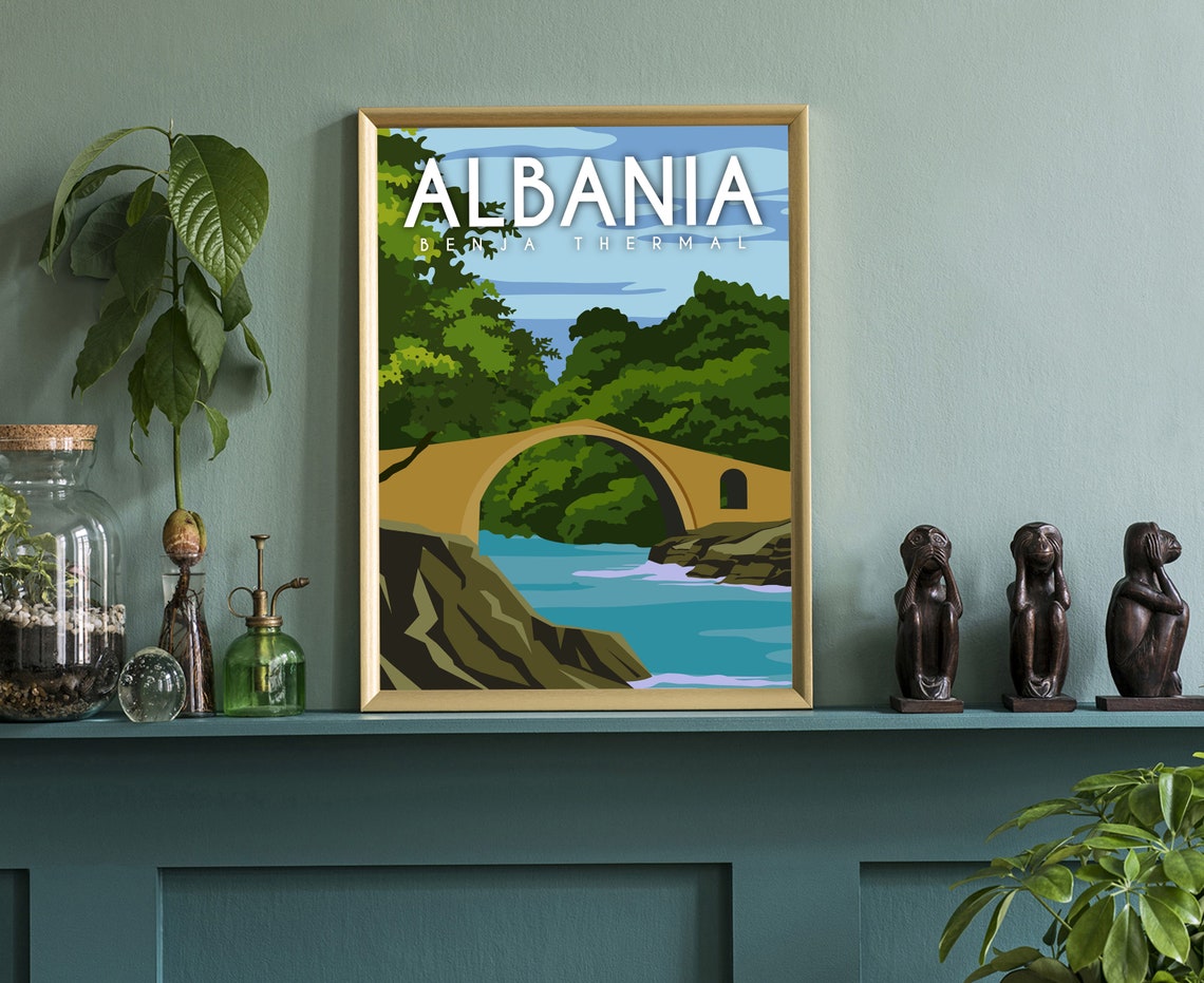 Albania Benja Thermal Stone Bridge Retro Nature Travel Poster - Image 3