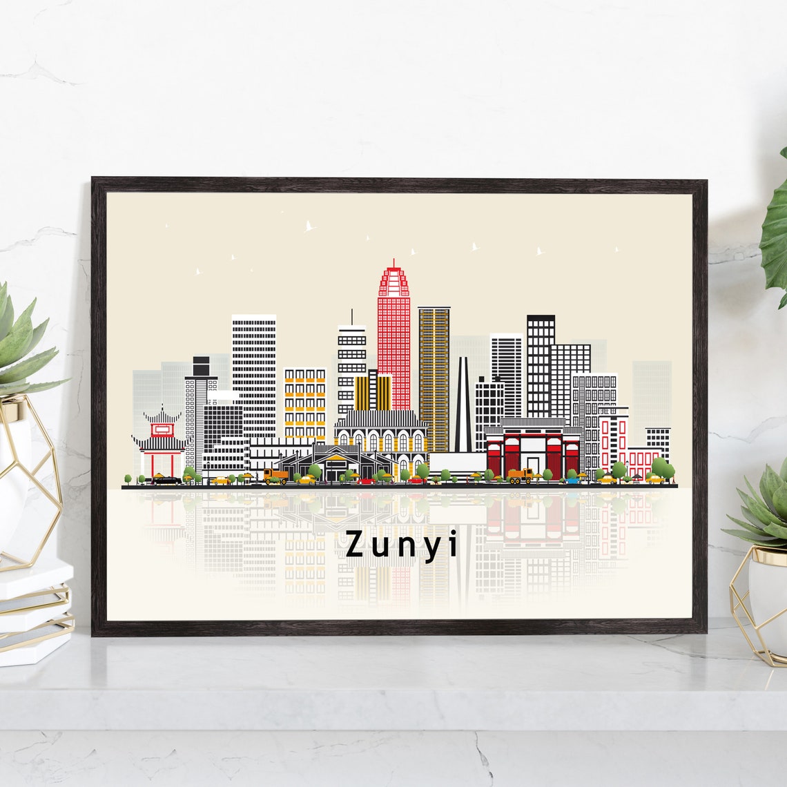 Zunyi China Red Towers Temple Skyline Illustration Travel Poster