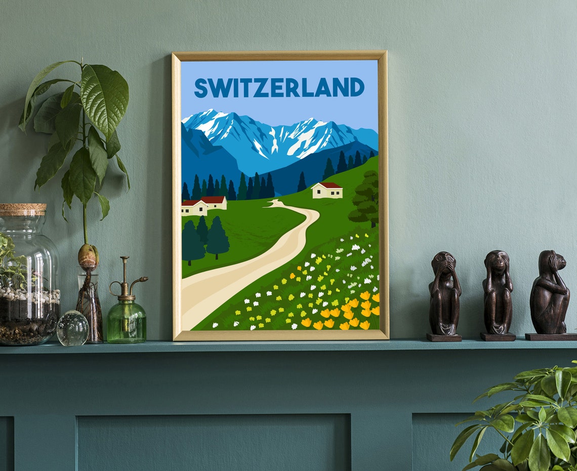 Switzerland Alpine Meadow Chalet Snowy Peaks Retro Travel Poster - Image 3