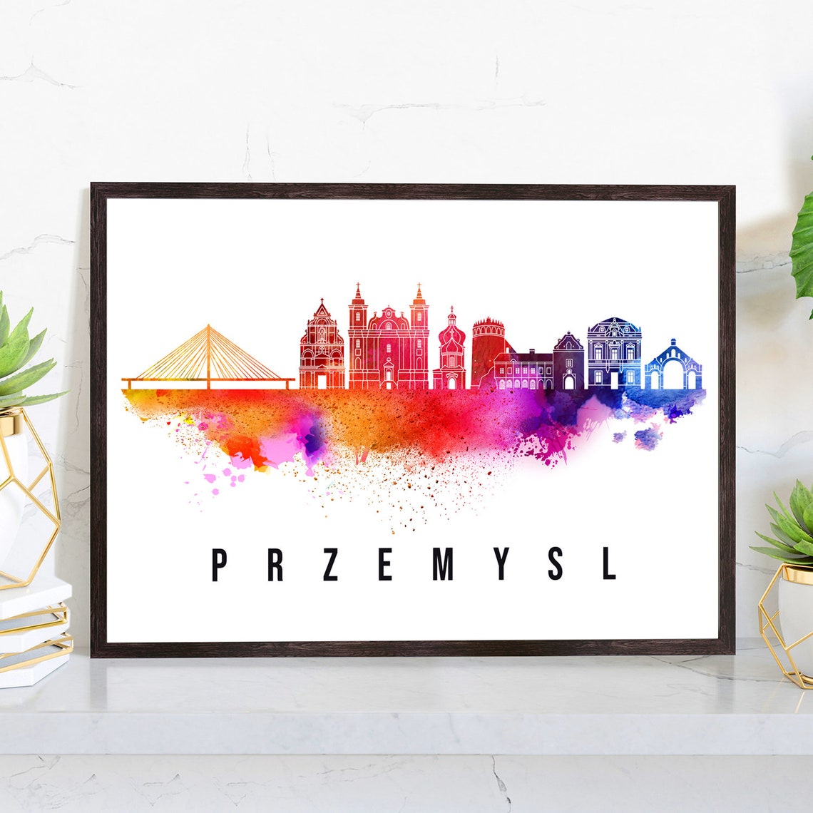 Przemysl Poland Cable Bridge Churches Watercolor Skyline Poster