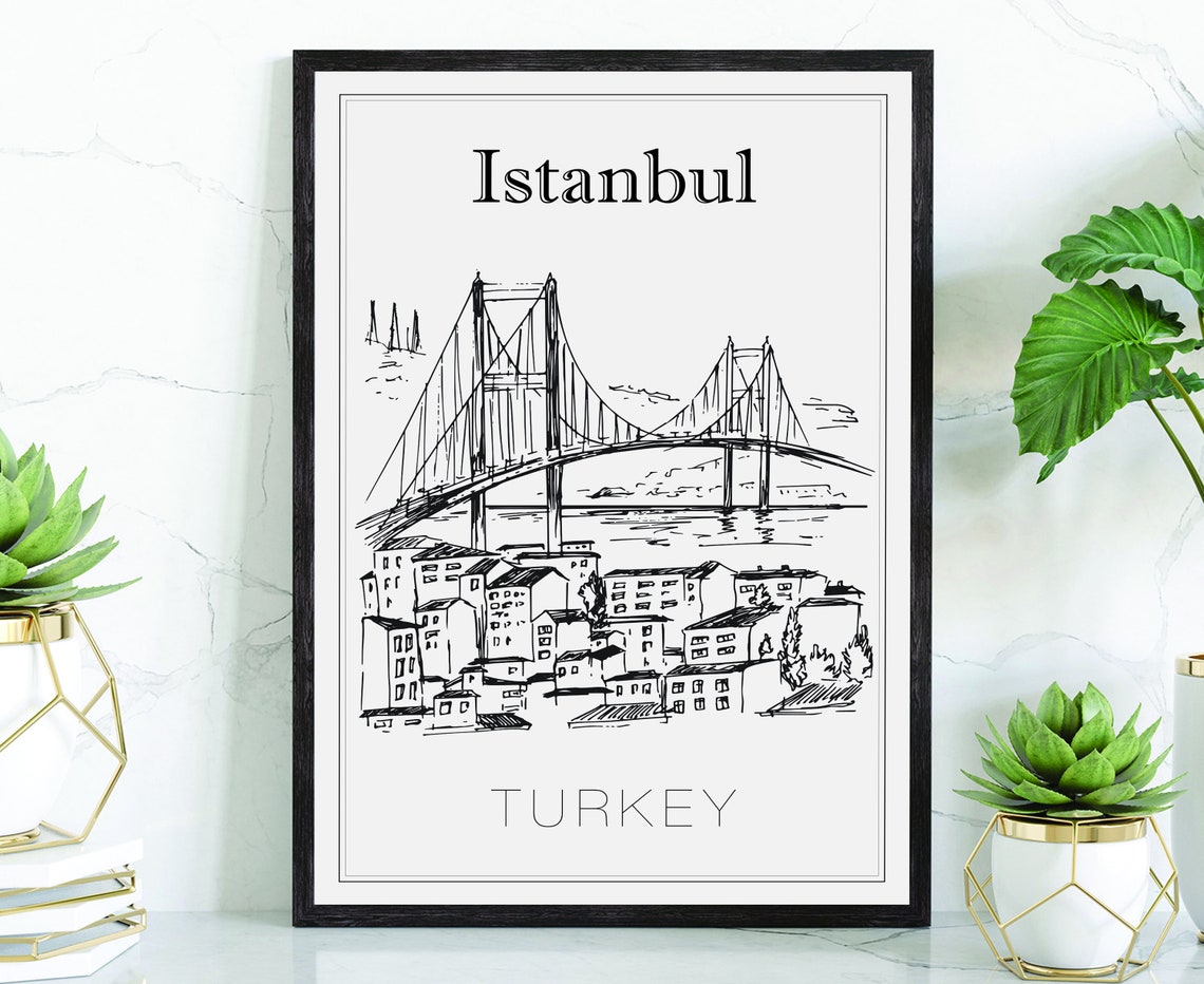 Istanbul Turkey Bosphorus Bridge Waterfront Hand Drawn Art Poster