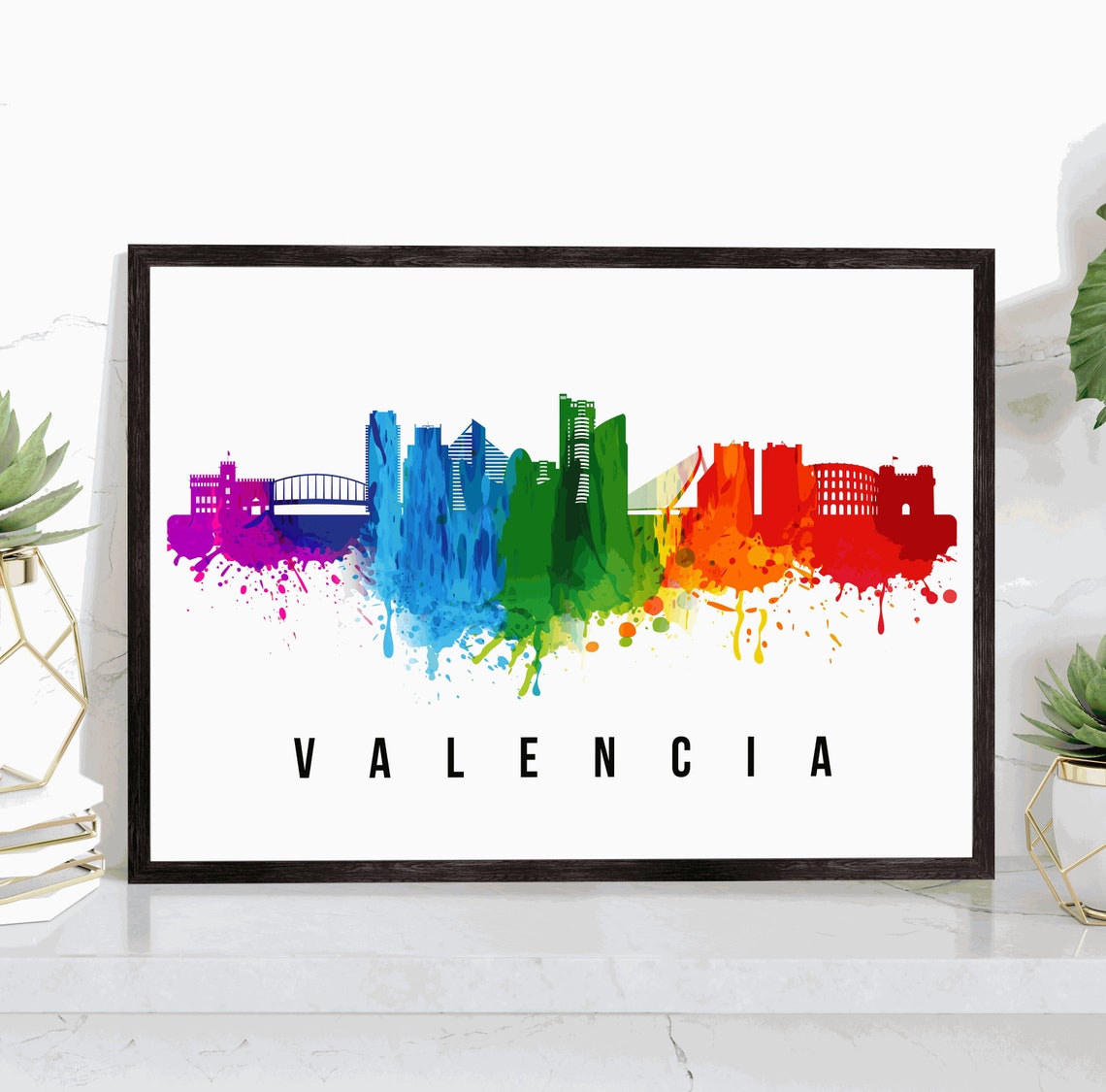 Valencia Spain Rainbow Watercolor Skyline Silhouette Art Poster
