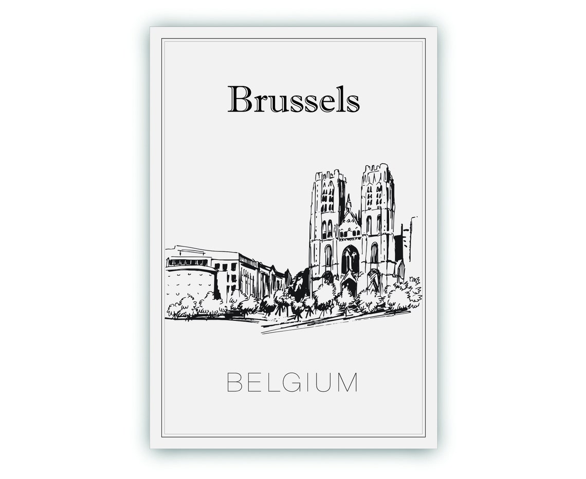 Brussels Belgium Historic Cathedral Twin Towers Sketch Wall Art Poster - Image 2