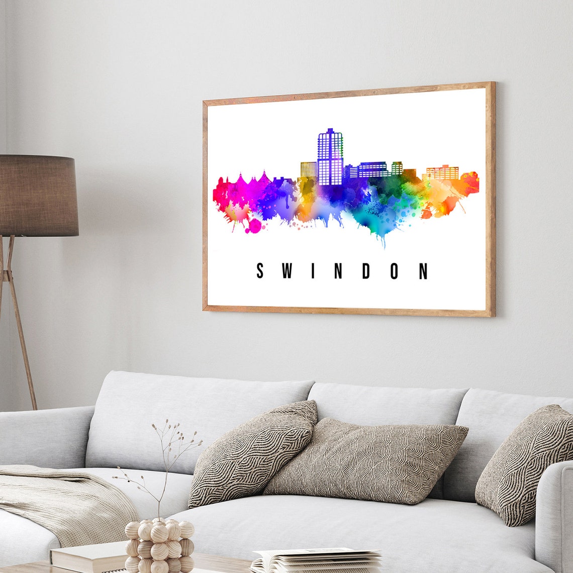 Swindon England Rainbow Watercolor Skyline Cityscape Wall Art - Image 4