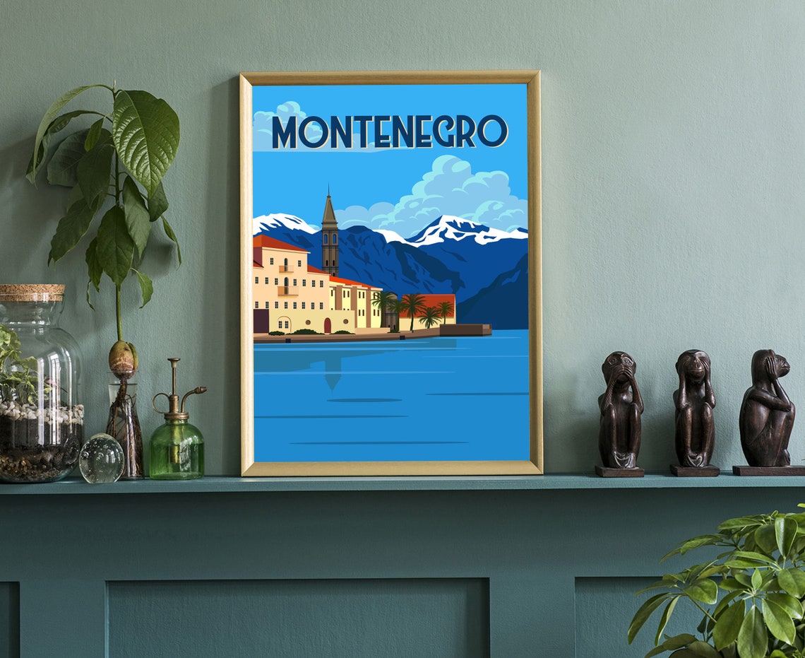 Montenegro Old Town Coast Snowy Mountains Vintage Travel Poster - Image 3