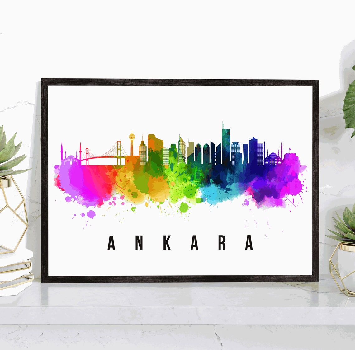 Ankara Turkey Rainbow Watercolor City Skyline Silhouette Art Poster