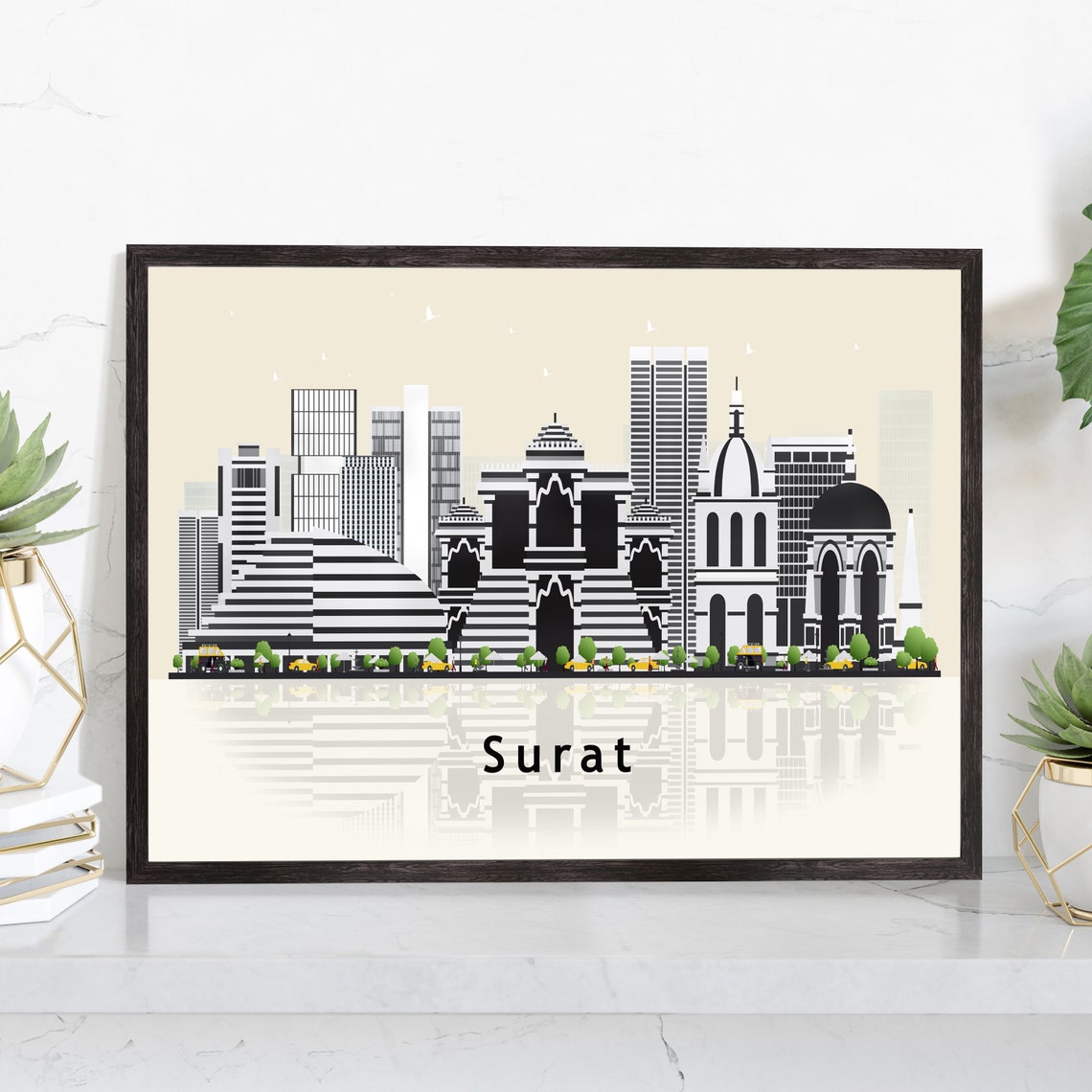 Surat India Retro Vector Skyline Water Reflection City Poster