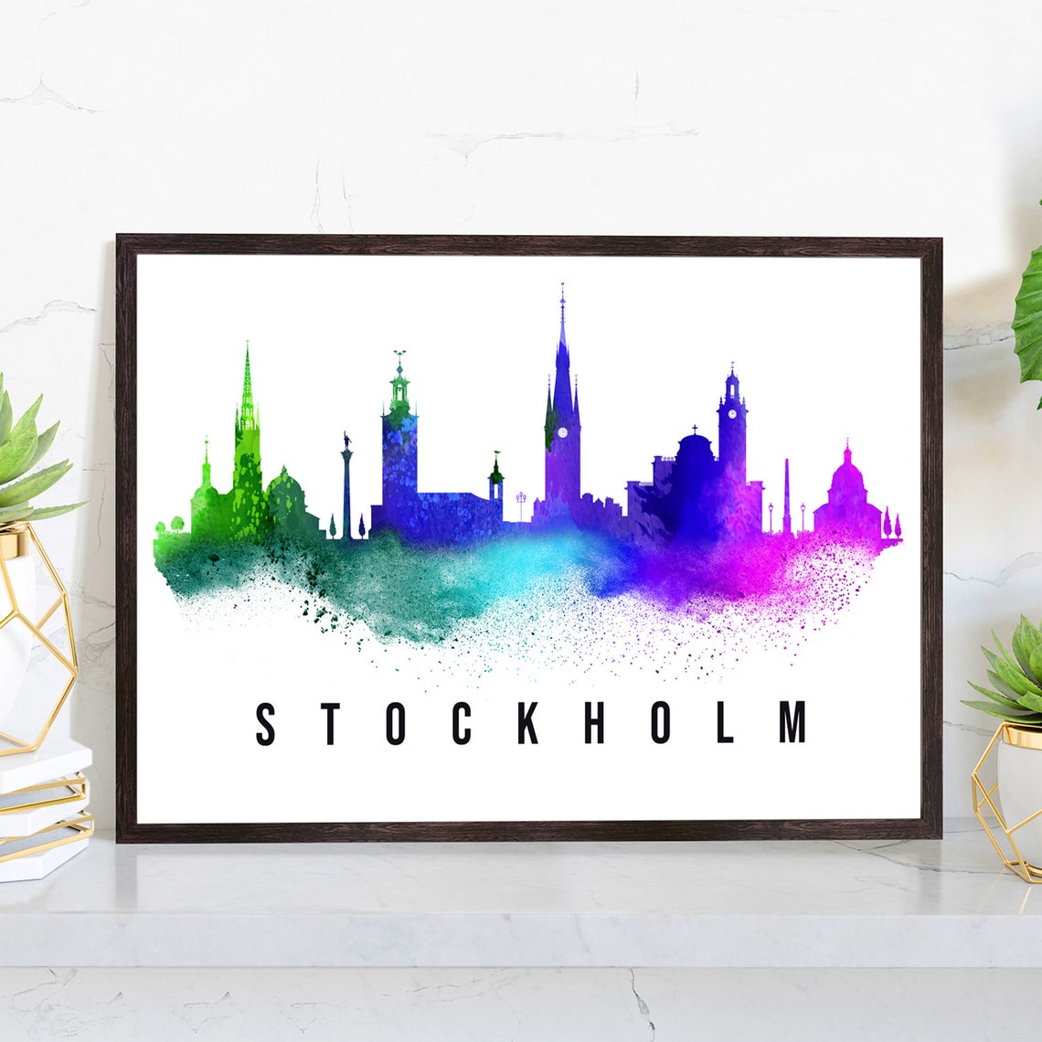 Stockholm Sweden Rainbow Watercolor City Skyline Travel Poster