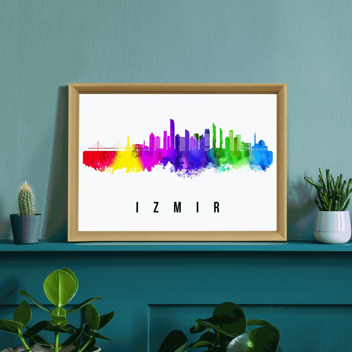 Izmir Turkey Rainbow Watercolor Bay Bridge Skyline Art Poster - Image 3