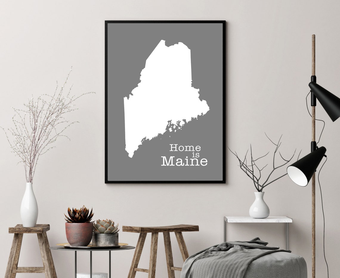 Maine Home Is Gray Minimalist State Map Silhouette Wall Art Print - Image 3