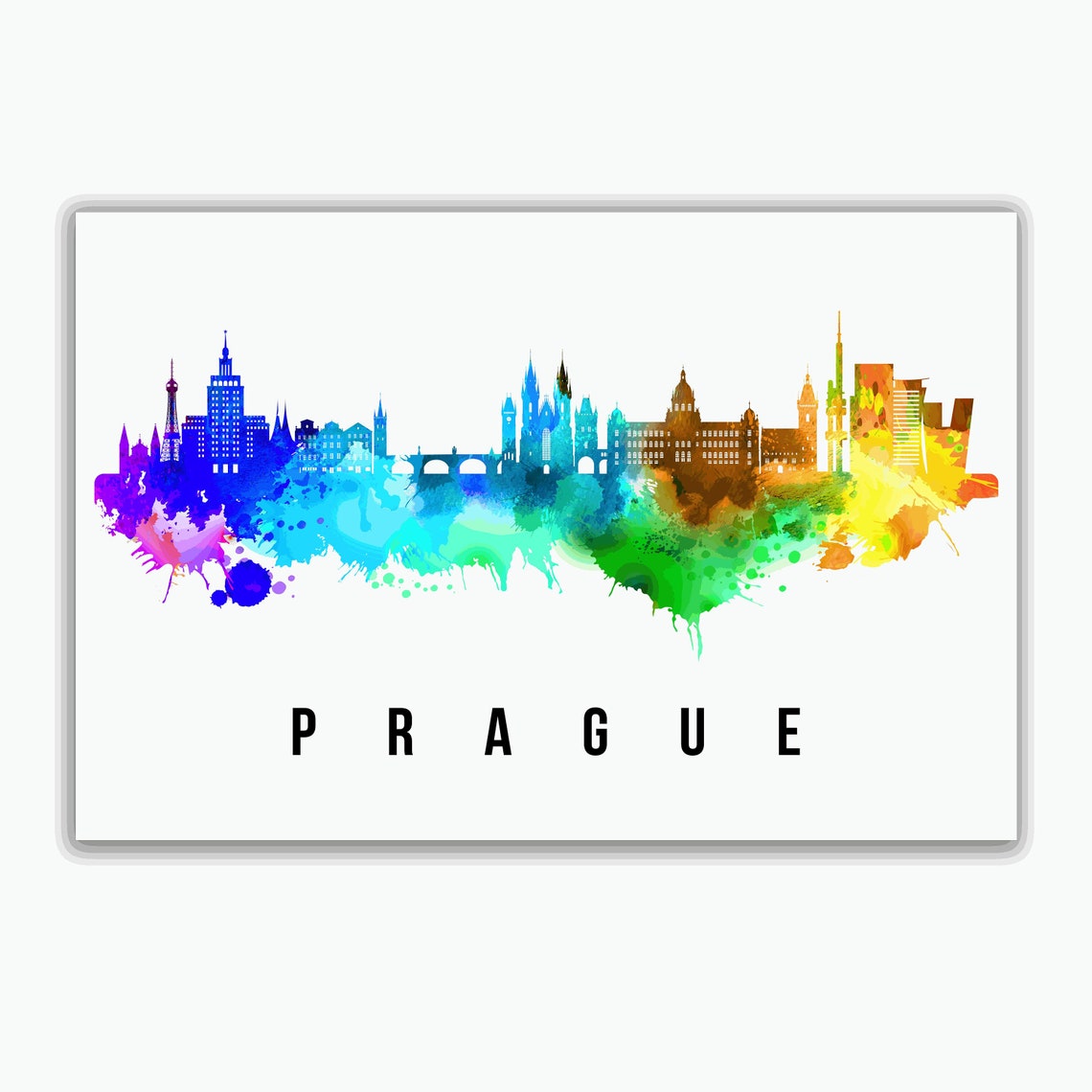 Prague Rainbow Watercolor Old Town Skyline Silhouette Art Poster - Image 2