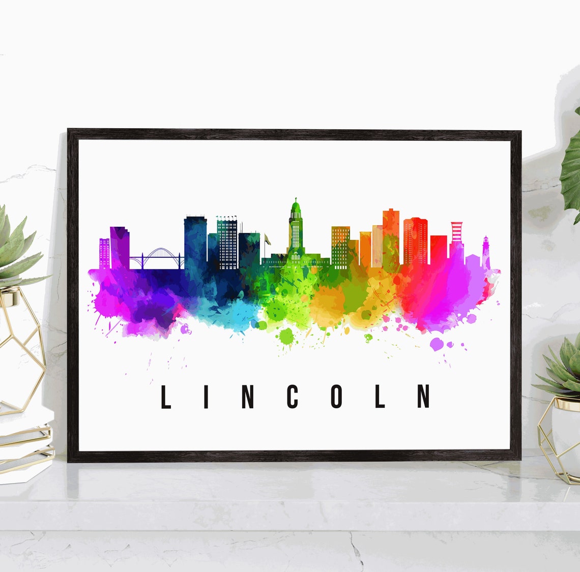 Lincoln Nebraska Watercolor Rainbow Skyline Capitol Travel Poster Art