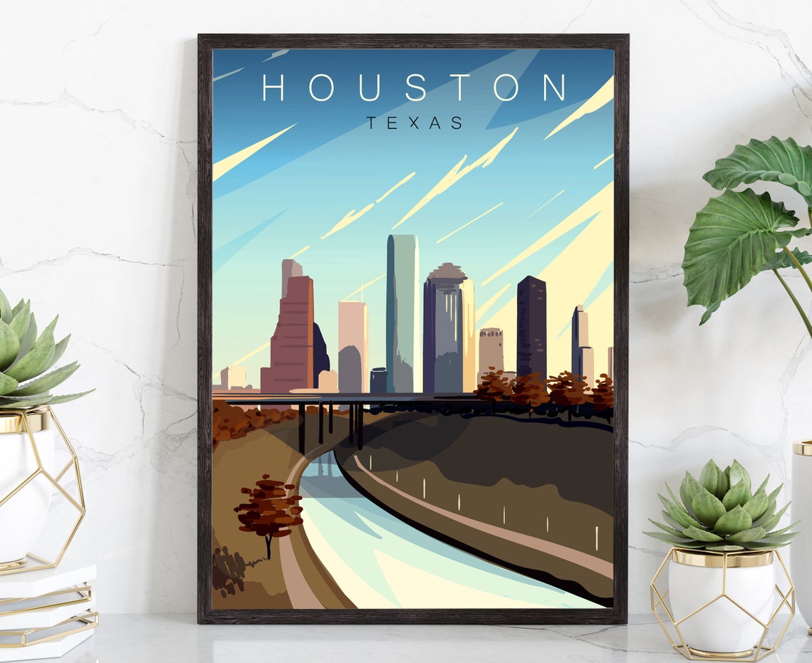 Houston Texas Downtown Freeway Retro Vector Art Style Travel Poster