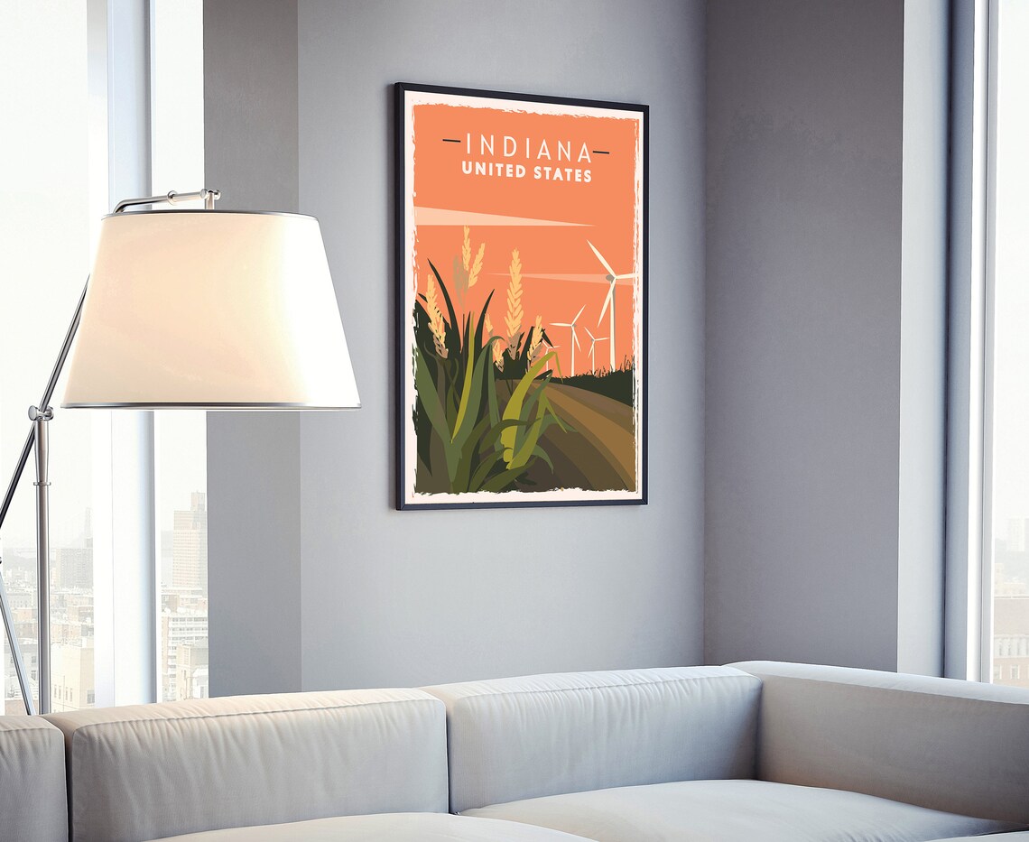 Indiana United States Sunset Wheat Field Wind Turbines Travel Poster - Image 4