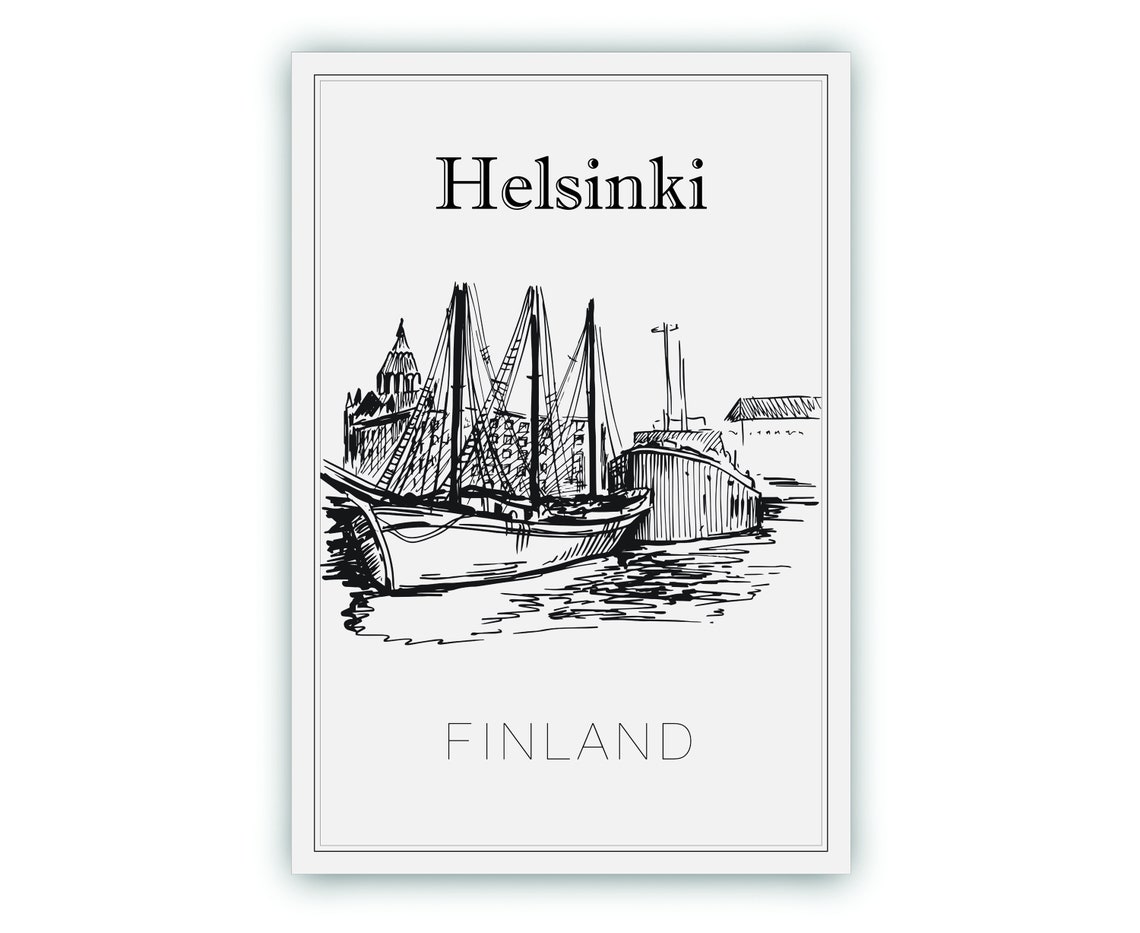 Helsinki Finland Harbor Tall Ships Hand Drawn Ink Sketch Poster - Image 2