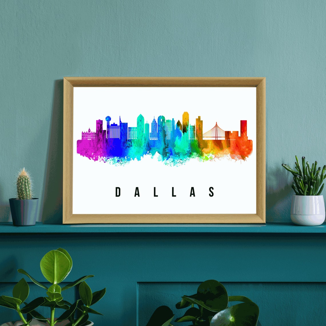 Dallas Texas Rainbow Watercolor Skyline Cityscape Travel Poster - Image 3