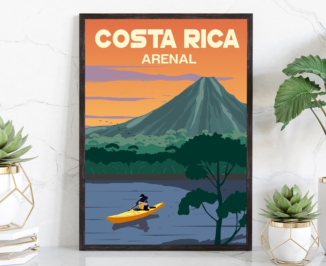 Costa Rica Arenal Volcano Sunset Lake Kayak Retro Travel Poster