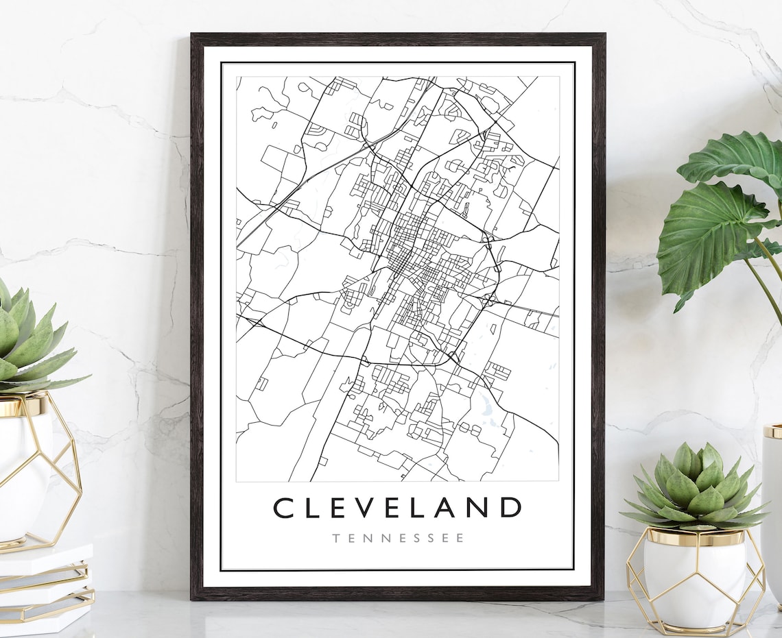 Cleveland Tennessee Black and White City Street Line Map Travel Poster