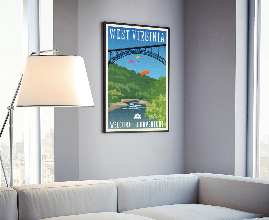 West Virginia Retro Travel Poster Mountain Road Guardrail Vintage - Image 4