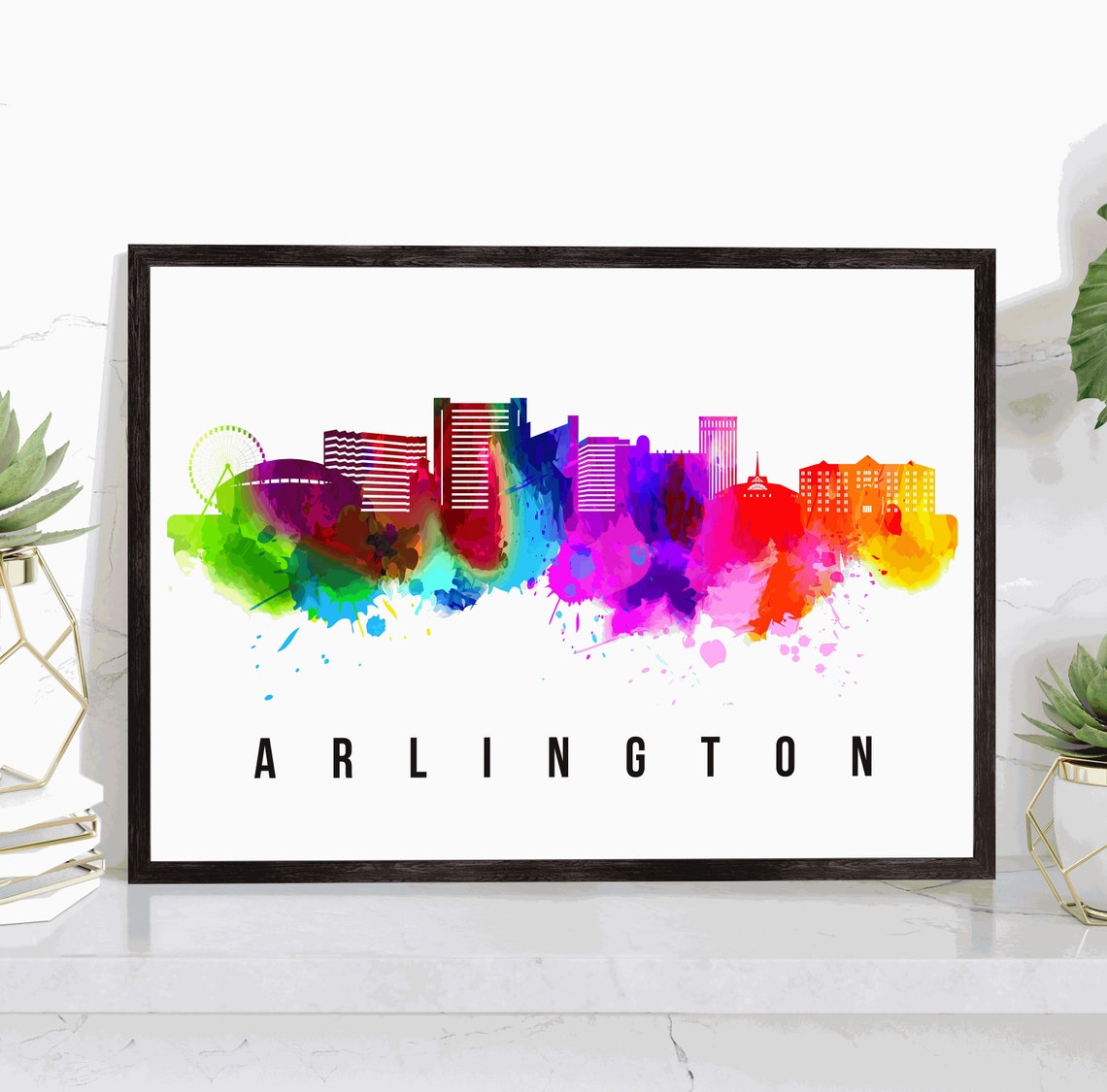 Arlington Texas Rainbow Watercolor Skyline Cityscape Art Poster