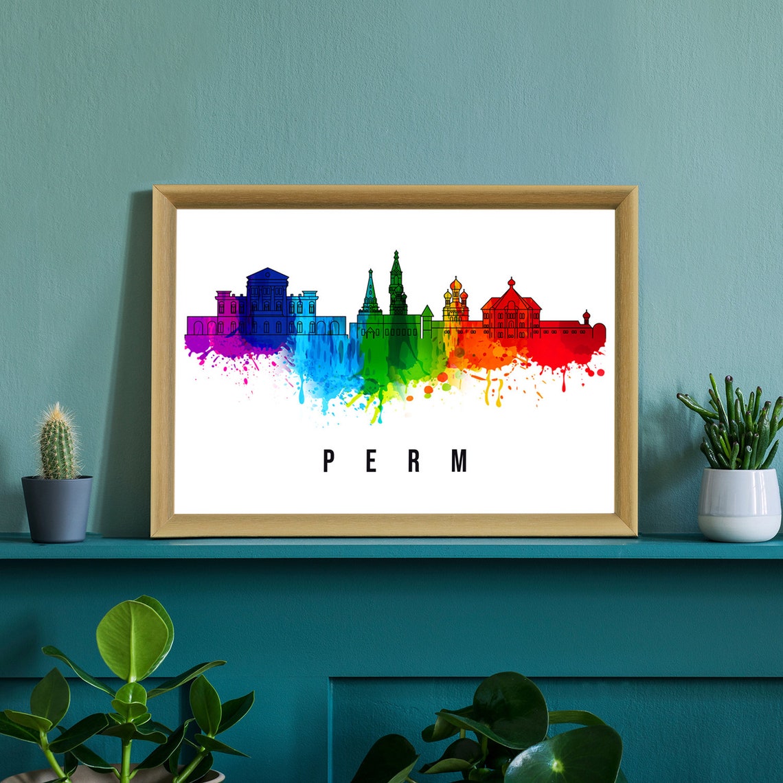 Perm Russia Rainbow Watercolor Skyline Church Onion Domes Poster - Image 2