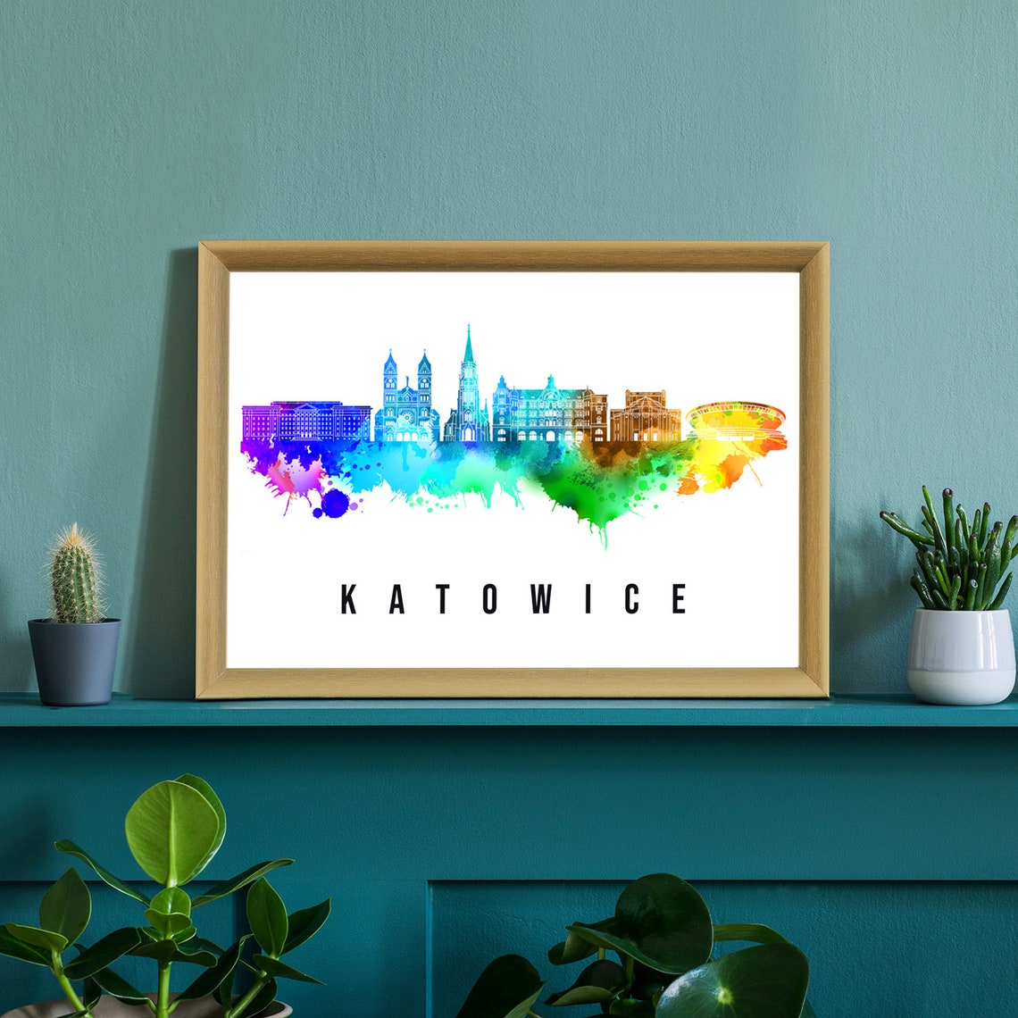 Katowice Poland Churches Arena Rainbow Watercolor Skyline Poster - Image 2
