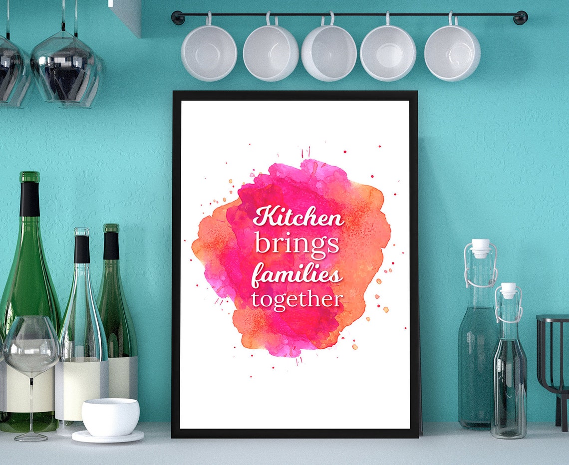 Kitchen Brings Families Together Pink Watercolor Splash Quote Poster
