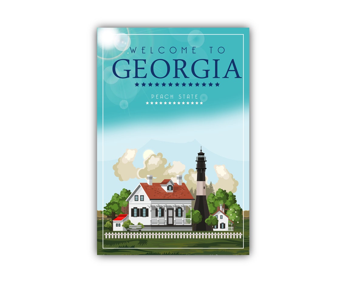 Georgia Peach State Lighthouse Retro Welcome Travel Poster Home Decor - Image 2