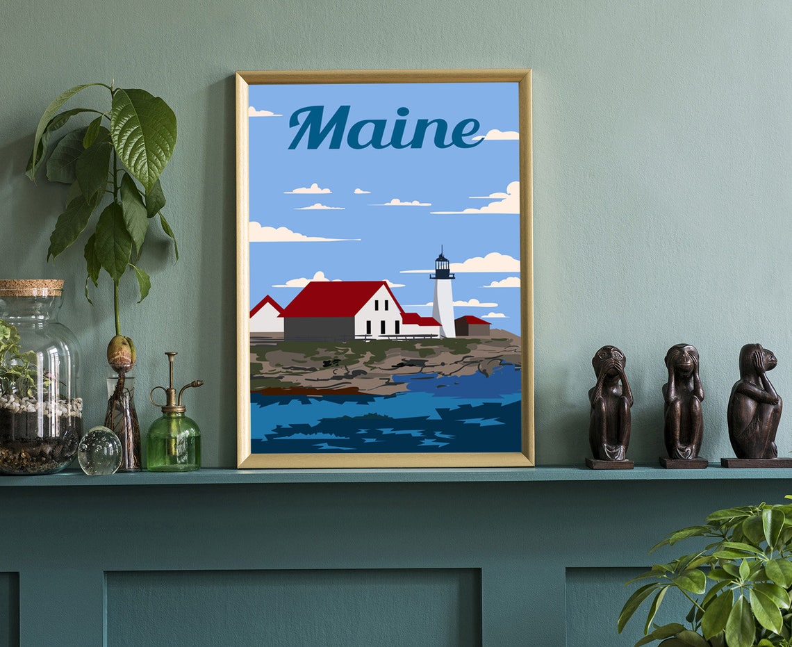 Maine Lighthouse Red Roof Rocky Coast Retro Seaside Travel Poster - Image 3