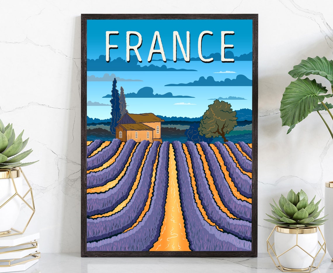 France Provence Lavender Field Farmhouse Blue Sky Travel Poster