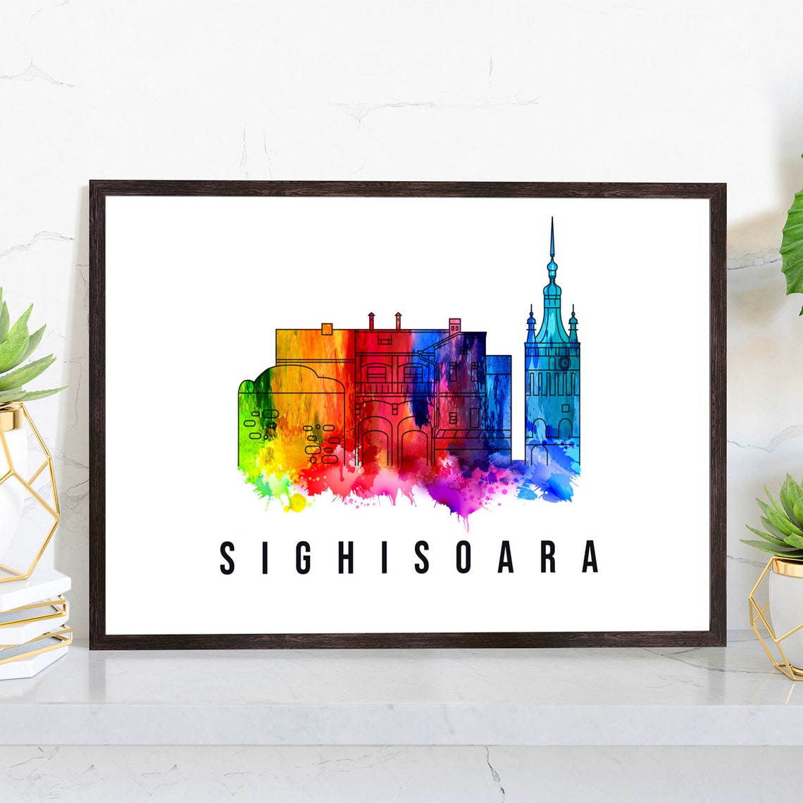Sighisoara Romania Rainbow Watercolor Skyline Clock Tower Poster
