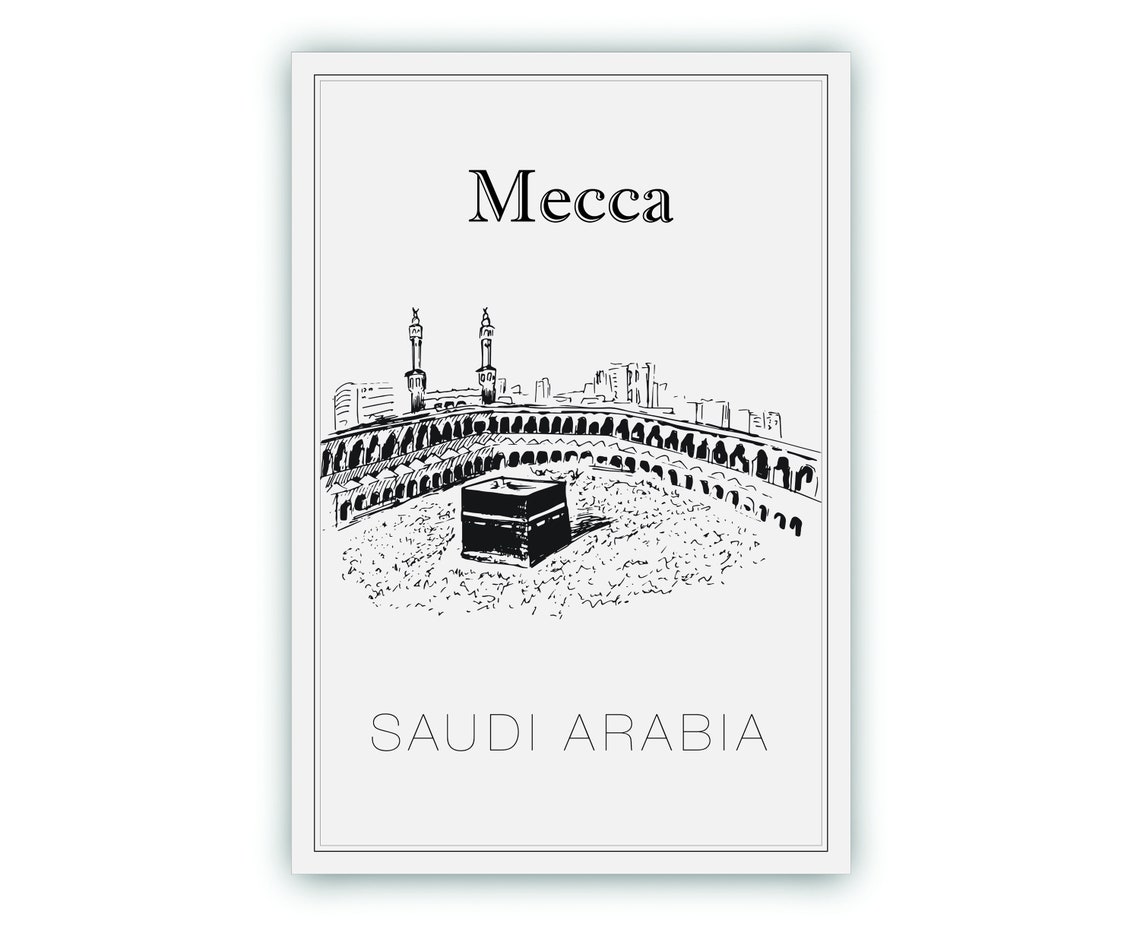 Mecca Saudi Arabia Kaaba Grand Mosque Hand Drawn Sketch Travel Poster - Image 2
