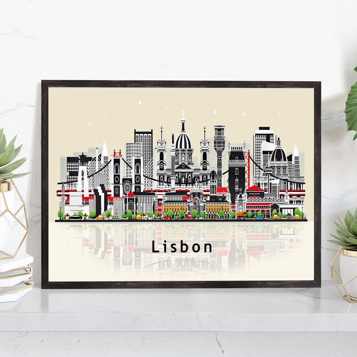 Lisbon Portugal 25 De Abril Bridge Skyline Illustration Travel Poster
