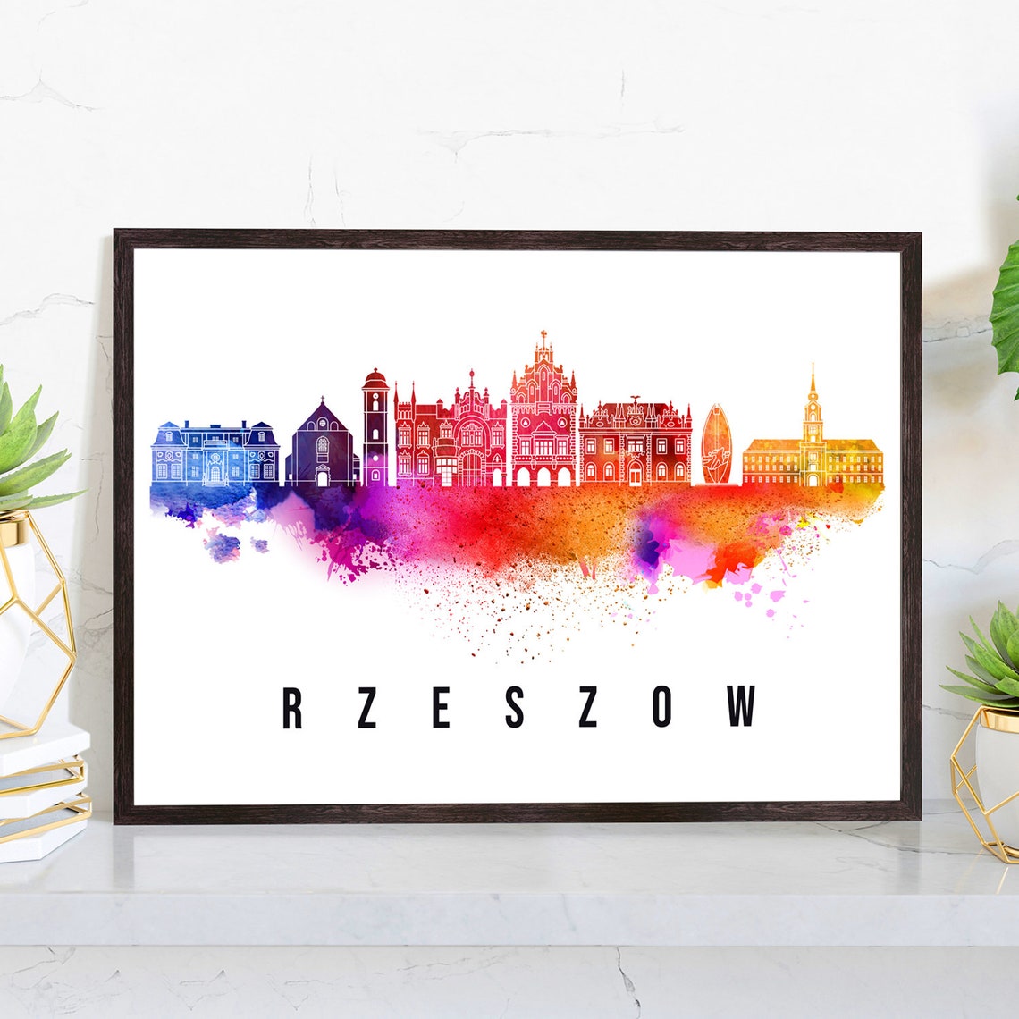 Rzeszow Poland Market Square Town Hall Watercolor Skyline Poster