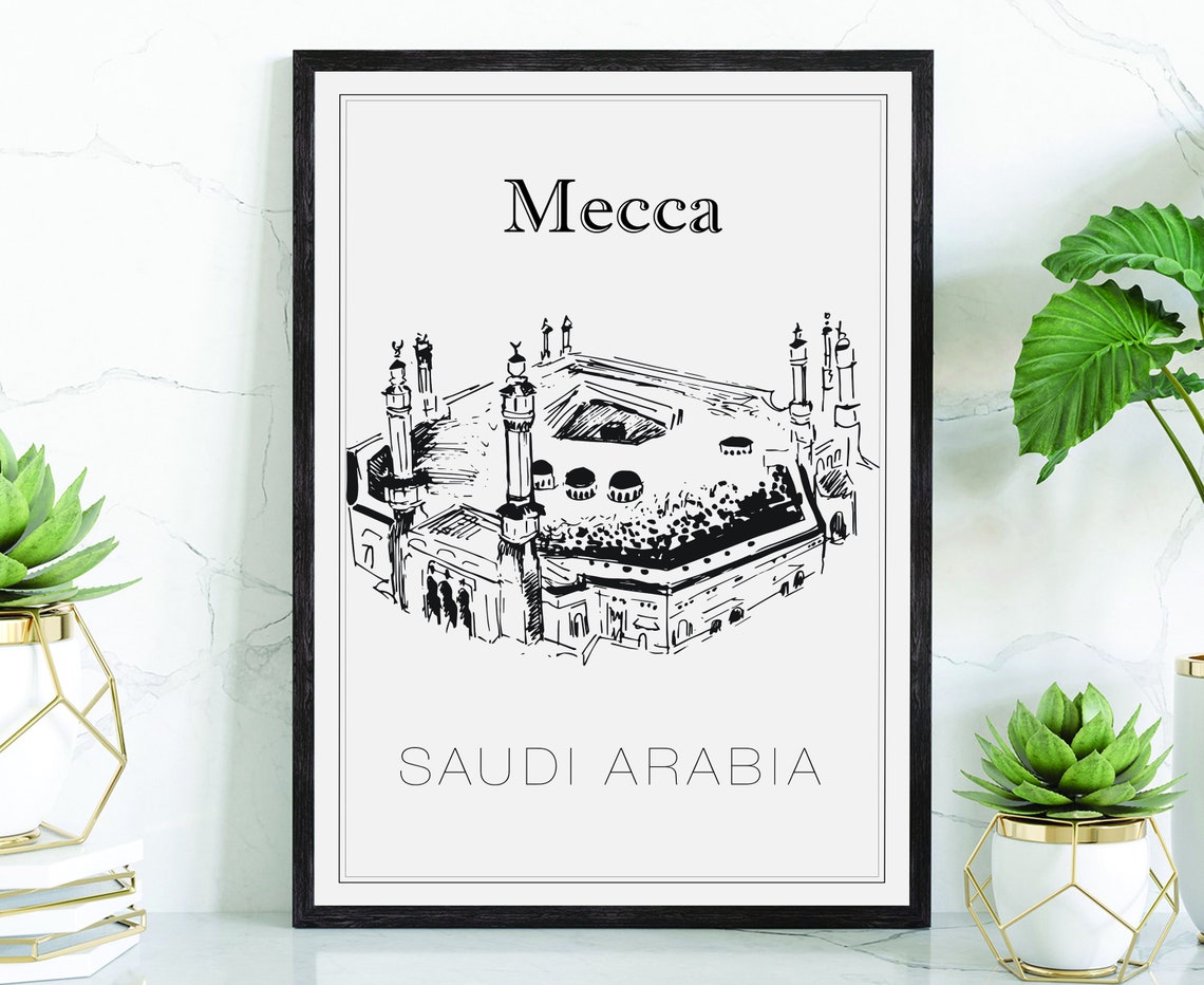 Mecca Saudi Arabia Grand Mosque Hand Drawn Landmark Wall Art