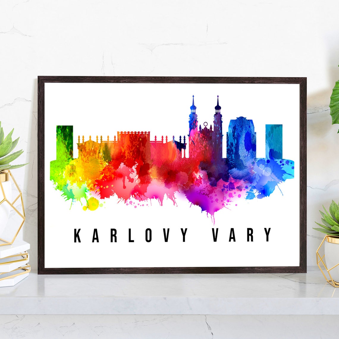 Karlovy Vary Czech Republic Rainbow Watercolor Skyline Art Poster