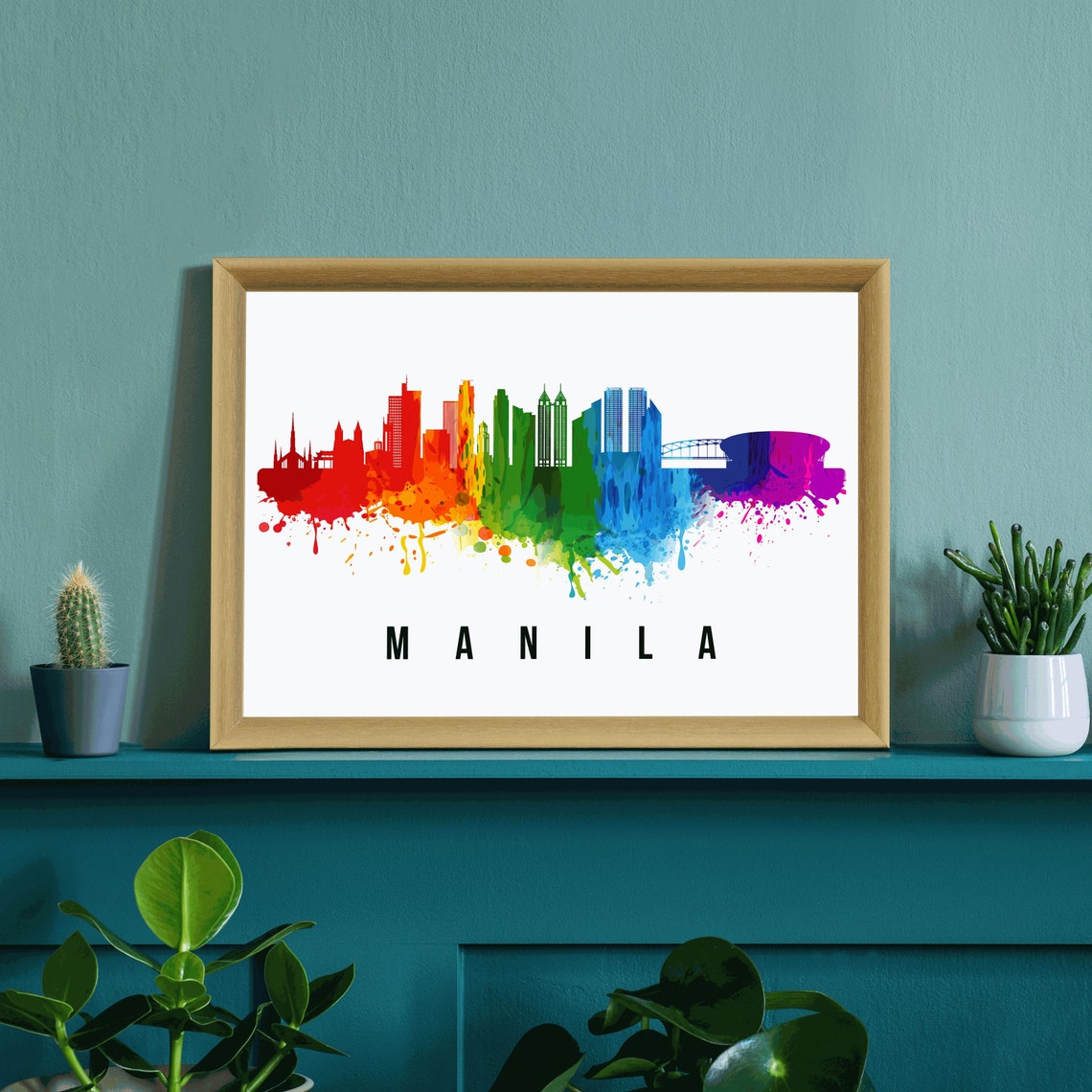 Manila Philippines Rainbow Watercolor Skyline Silhouette Art Poster - Image 3