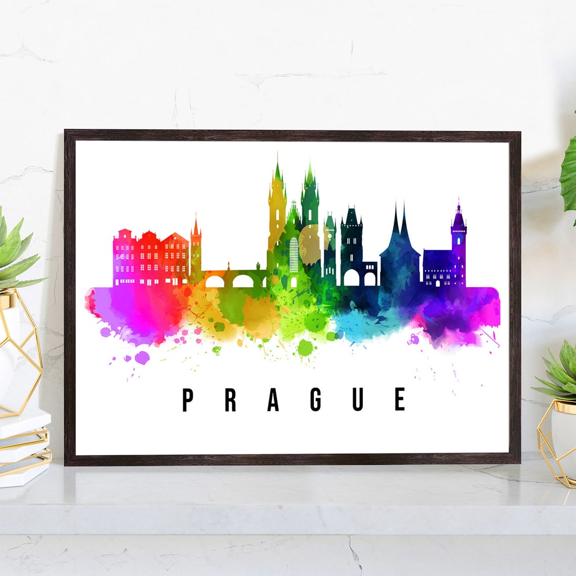 Prague Czech Rainbow Watercolor Skyline Old Town Travel Poster