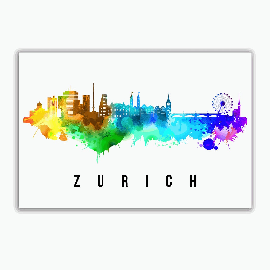 Zurich Switzerland Rainbow Watercolor City Skyline Silhouette Poster - Image 2