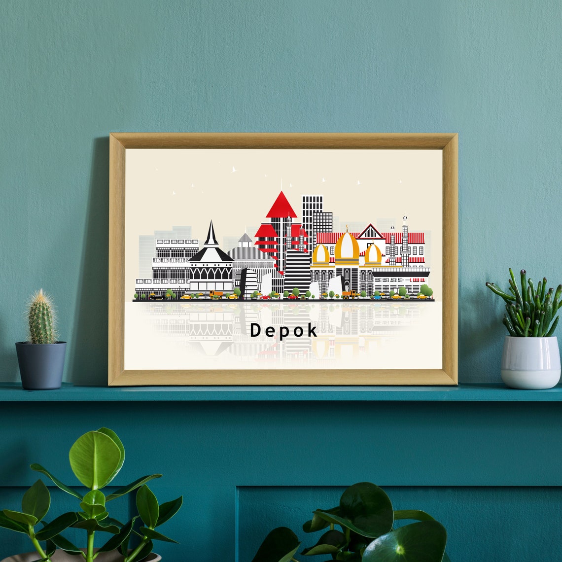 Depok Indonesia Golden Domes Skyline Illustration Reflection Poster - Image 3