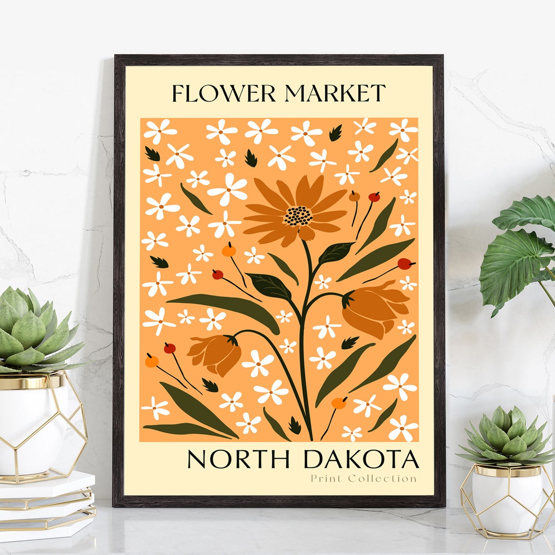 North Dakota Flower Market Orange Daisy Botanical Retro Art Poster